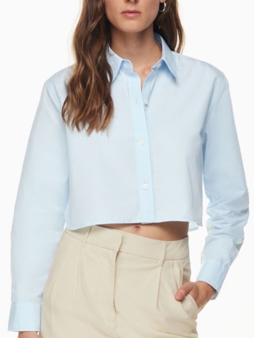 Aritzia Wilfred Free Allier Poplin Cropped Button Up Shirt Coastal Preppy Blue L